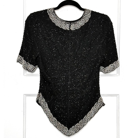 VINTAGE Silk Faux Pearl Trim Beaded‎ Short Sleeve Pointed Hem Evening Wear Top S - Picture 3 of 6